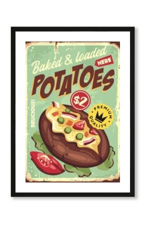 Baked and loaded potatoes vintage menu board sign design. Food retro poster. Vector restaurant sign with potato.