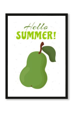 Postcard with a pear and the lettering hello summer