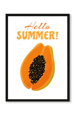 Postcard with a papaya and the lettering hello summer