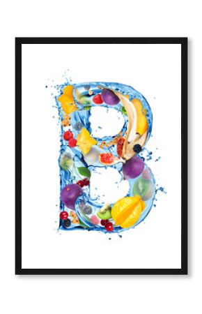 Latin letter B made of water splashes with different fruits and berries