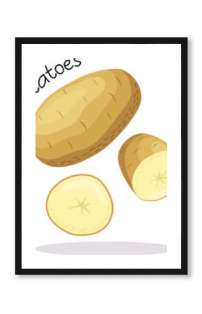 Vector illustration of a ripe potato with halves and slices vegetable and the inscription "potatoes" in a flat style on a white background.