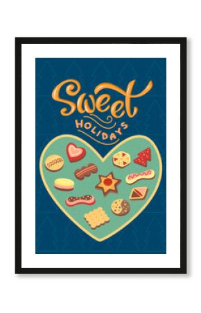 Greeting card with cookies in heart shape and lettering. Can be used for winter holidays. Vector color illustration.