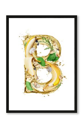 Latin letter B made of splashes with food ingredients isolated on a white background (Vitamin B)