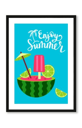 Watermelon popsicle, yummy fresh summer fruit sweet and lettering enjoy summer.