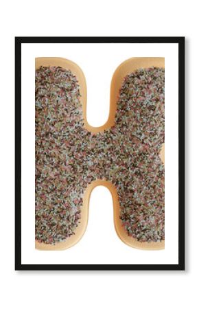 3D Render Realistic Letter K Of Alphabet Glazed Donut With Rainbow Sprinkles 