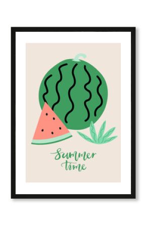 Vector illustration of watermelons and tropical leaf.