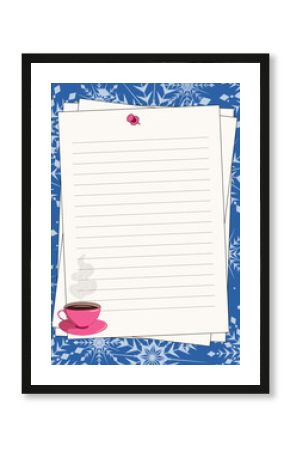 Blank pages with lines, pin and copy space, decorated with a cup of hot chocolate and snowflakes on a blue background. Winter vector illustration for recipe, invitations, poster, note.