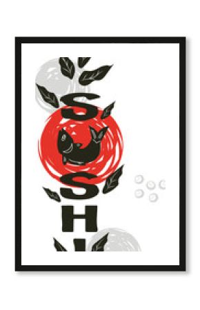 Sushi restaurant sign or emblem design. Sushi lettering in English for restaurant signboard and identity.