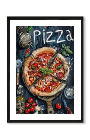 Calligraphy lettering - Pizza with pizza ingredients on black background. Template for restaurant, delivery, cafe