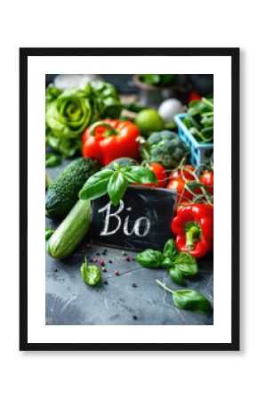 fresh vegetables on the table plate for text with the inscription bio