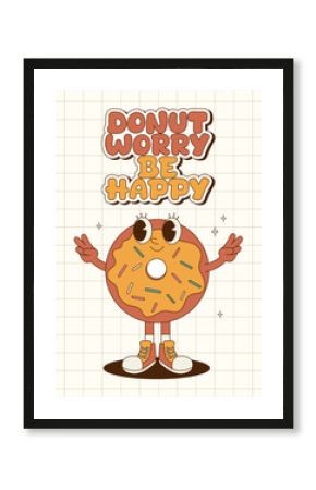 Retro groovy poster, card, banner for bakery, cafe and delivery. Cartoon mascot. Cute donut character.