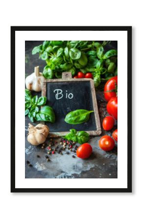 fresh vegetables on the table plate for text with the inscription bio