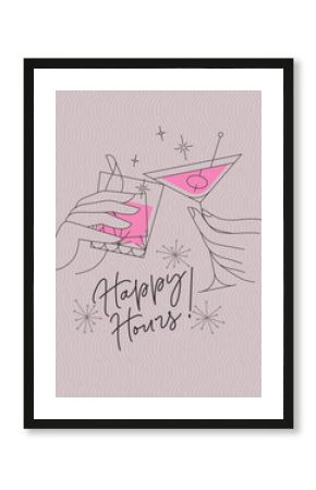 Poster clinking glasses with lettering happy hours drawing with color on pink background