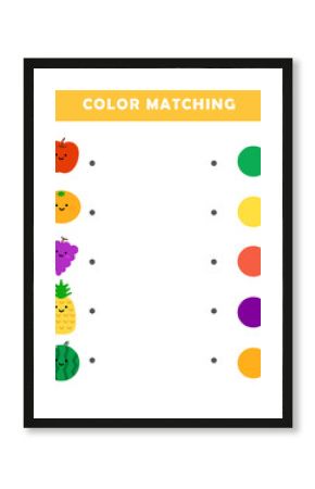 Color matching game for preschool kids. Color Matching Activities for Toddlers. Fun puzzle with cute cartoon fruits. Color matching worksheet for children. 