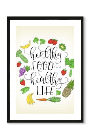 Vector lettering with hand drawn fruits and vegetables.