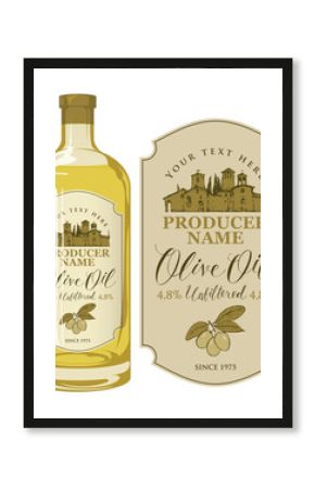 Vector label for extra virgin olive oil with calligraphic handwritten inscription and with the image of the rural Italian landscape in retro style. Template label for olive oil on glass bottle