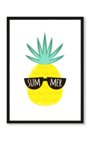 summer card with cute cartoon pineapple, vector illustration