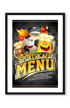 Sports cafe menu cover design with football ball and funny food personages