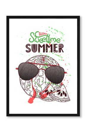 Vector hand drawn watermelon. Lettering: aloha sweet time summer.