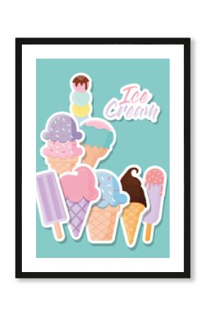 set of ice cream icons with ice cream lettering on a green background