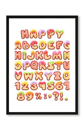 Comic game sweet font kids letters cartoon bubble fonts. Colorful lowercase letters of an alphabet with glint. Xmas cartoon cookies alphabet, sweet winter food, numbers, signs for kids