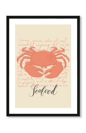 Vector banner or menu for a seafood restaurant or store. Hand-drawn illustration with a big orange crab and an inscription on the background of handwritten text lorem ipsum in retro style