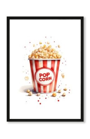 Watercolor illustration of a classic red and white striped box full of popcorn with “POP CORN” on the label. Isolated on a white background. For movie and food themes.