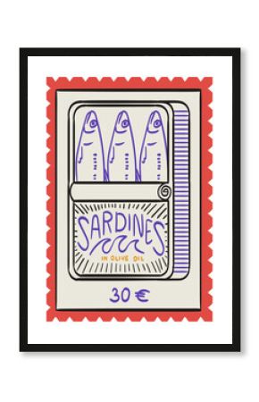 Canned sardines sticker. Seafood. Vintage Italian print, wall art, vector travel postcard stamp, summer emblem, placard or poster. Retro frame border element design in line ink style.