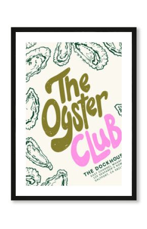 Whimsical The Oyster Club illustration, Minimal line art Oyster shells and hand drawn lettering,  Trendy Oyster doodle drawing for T-shirt, wall art and stationery