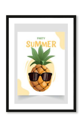 Summer poster design with pineapple in sunglasses. Hand drawn lettering "Summer party". Vector illustration for poster, invitation, postcard.