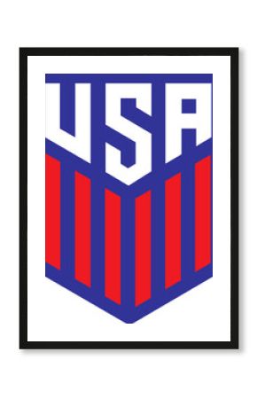 Shield-shaped USA emblem is showing blue outline white letters and red bars on transparent canvas