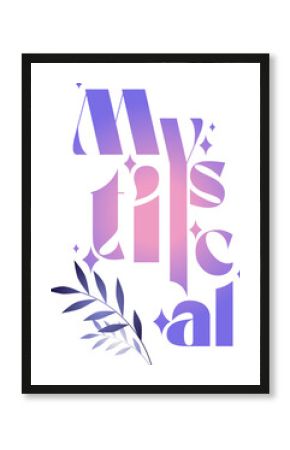 Showing flat abstract letters with pink purple gradient, sparkle icons, leaf branch on transparent