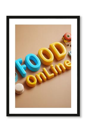 Food online text with stylized letters and miniature food items on a beige background