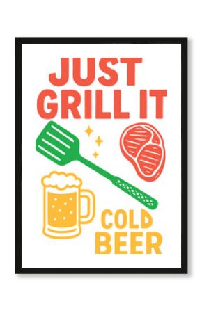 Grilled steak with spatula and beer flat vector bright colors