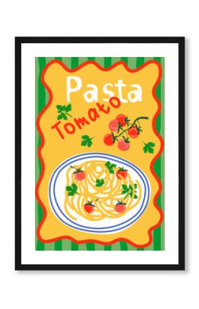 Vector illustration in doodle style. Italian pasta.Pasta with tomatoes.Vector modern culinary illustration of a plate of spaghetti, tomatoes. Sketch of a poster in dolce vita style.