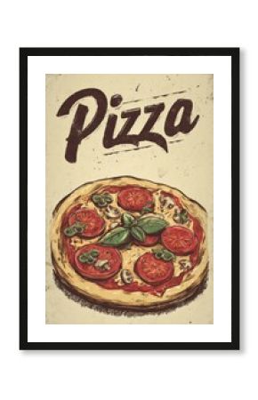 A vintage-style illustration of a pepperoni pizza with slices showing cheese, pepperoni, and green peppers. The word 'Pizza' is written in bold letters at the top. Template for menu design