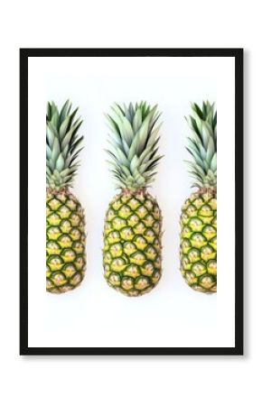 Three fresh pineapples arranged symmetrically on a light background, showcasing their vibrant green and yellow hues.