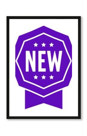 Purple hexagonal badge with the word new in white letters and stars isolated on white background