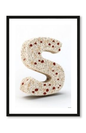 Creative typography of the letter S made of healthy whole grain bread with red seeds. Isolated 3D font for food design concepts.