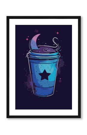 A cup with a star and a moon on it. The cup is filled with a drink
