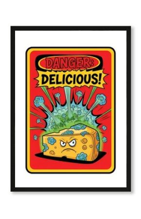 Humorous cheese explosion warning sign design for culinary and food-themed decor