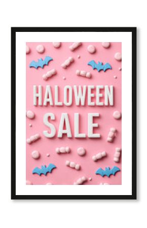 A festive pink background features Halloween-themed candies and decorations, showcasing a "Halloween Sale" in playful lettering.