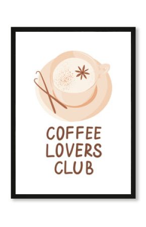Coffee Lover Club vector illustration with lettering and cup of coffee. Vector illustration for greeting card, invitation template, stickers