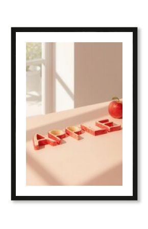 Creative apple lettering display on kitchen counter minimalistic design natural light fresh culinary concept