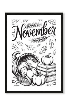 November calligraphy with cornucopia pumpkins wheat and oak leaves lettering text