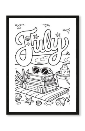 July lettering with beach vacation elements and books summer