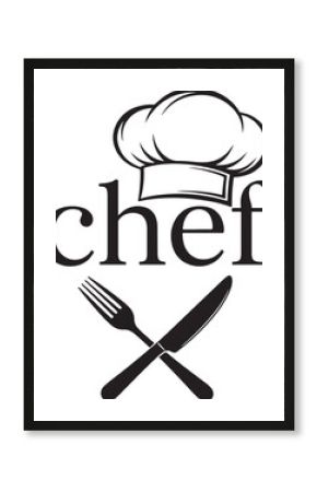 Chef hat with crossed fork and knife and the word chef cooking culinary