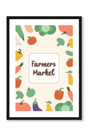 Vertical poster for farmers market. Pattern of seasonal vegetables and inscription in square frame. Banner, flyer, or postcard for harvest festival on beige background in flat style. Autumn and