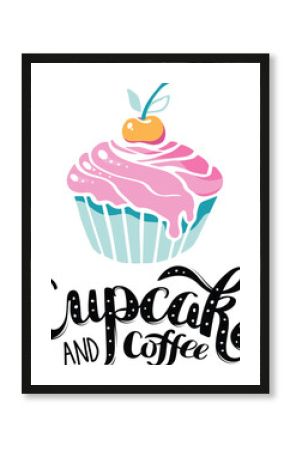 Cupcake and coffee lettering logo. Calligraphic text with dessert cake icon. Bakery label vector illustration