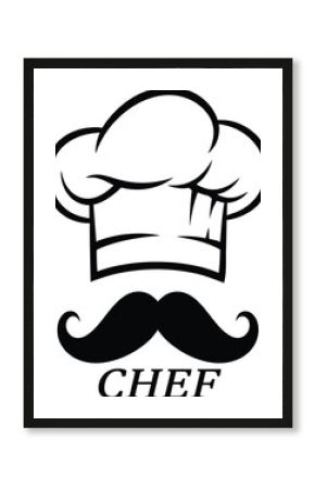 Stylized Chef Hat and Mustache with Word Chef on White Background cooking food